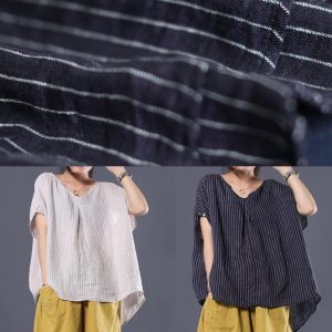 Beautiful-black-striped-linen-clothes-For-Women-v-neck-baggy-summer-top5