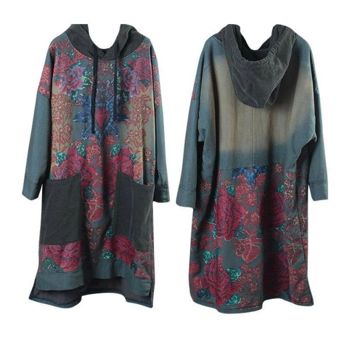 Modern Green Print Cotton Clothes Hooded Drawstring Art Dress