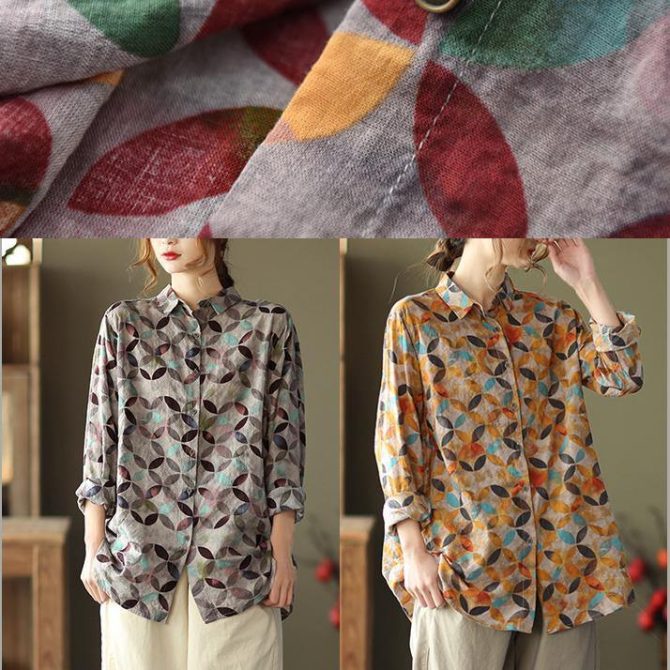 Unique Lapel Patchwork Spring Tunic Pattern Photography Red Print Blouse