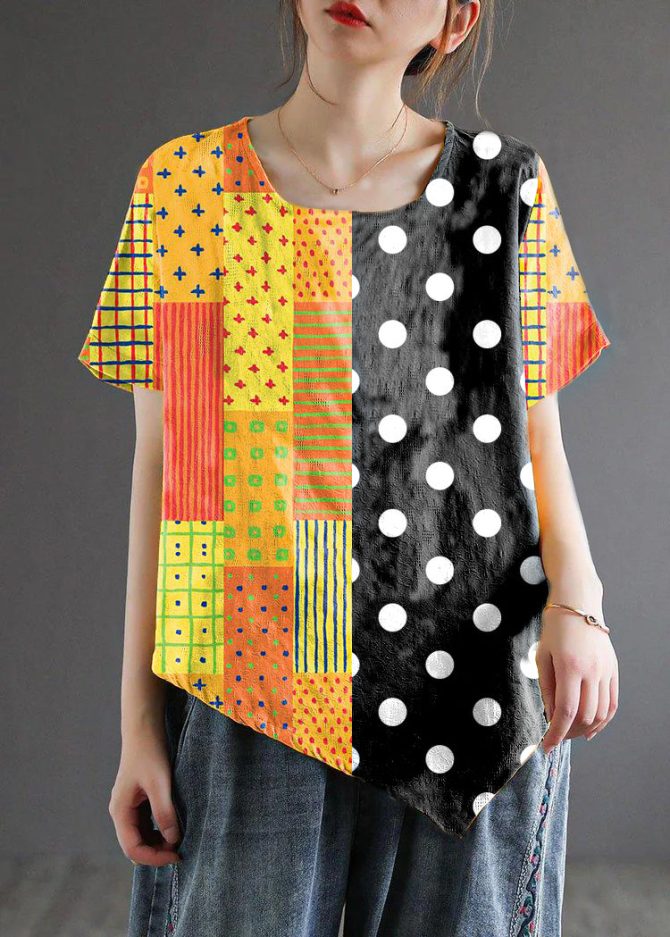 Italian Yellow Retro Embroideried Summer Shirt Short Sleeve